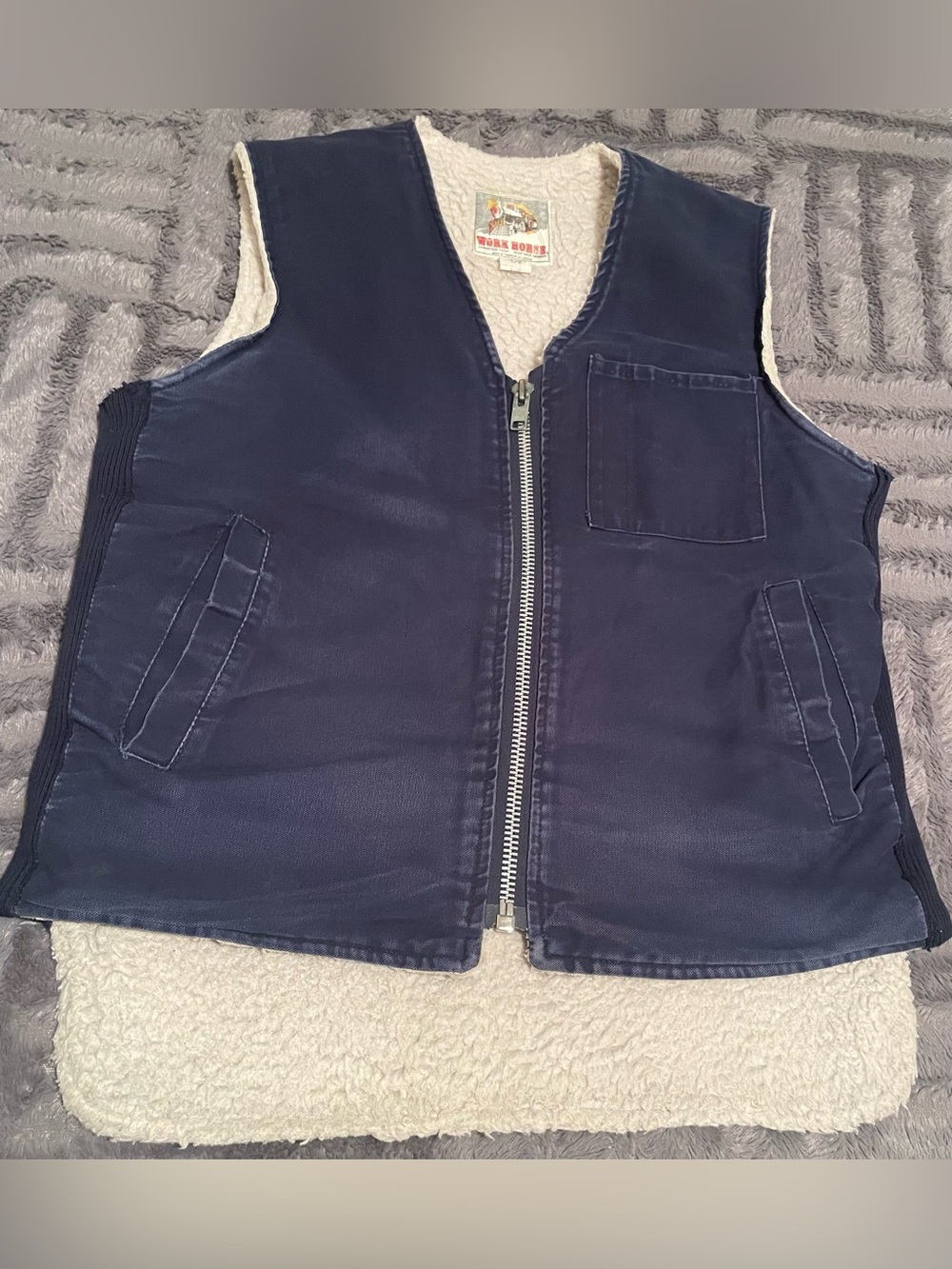 Vintage Work Horse Sherpa-Lined Canvas Work Vest - Navy Blue - Size Large